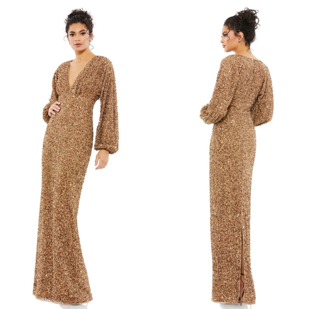 Mac Duggal Gold Sequin Long Sleeve V-Neck Maxi Gown